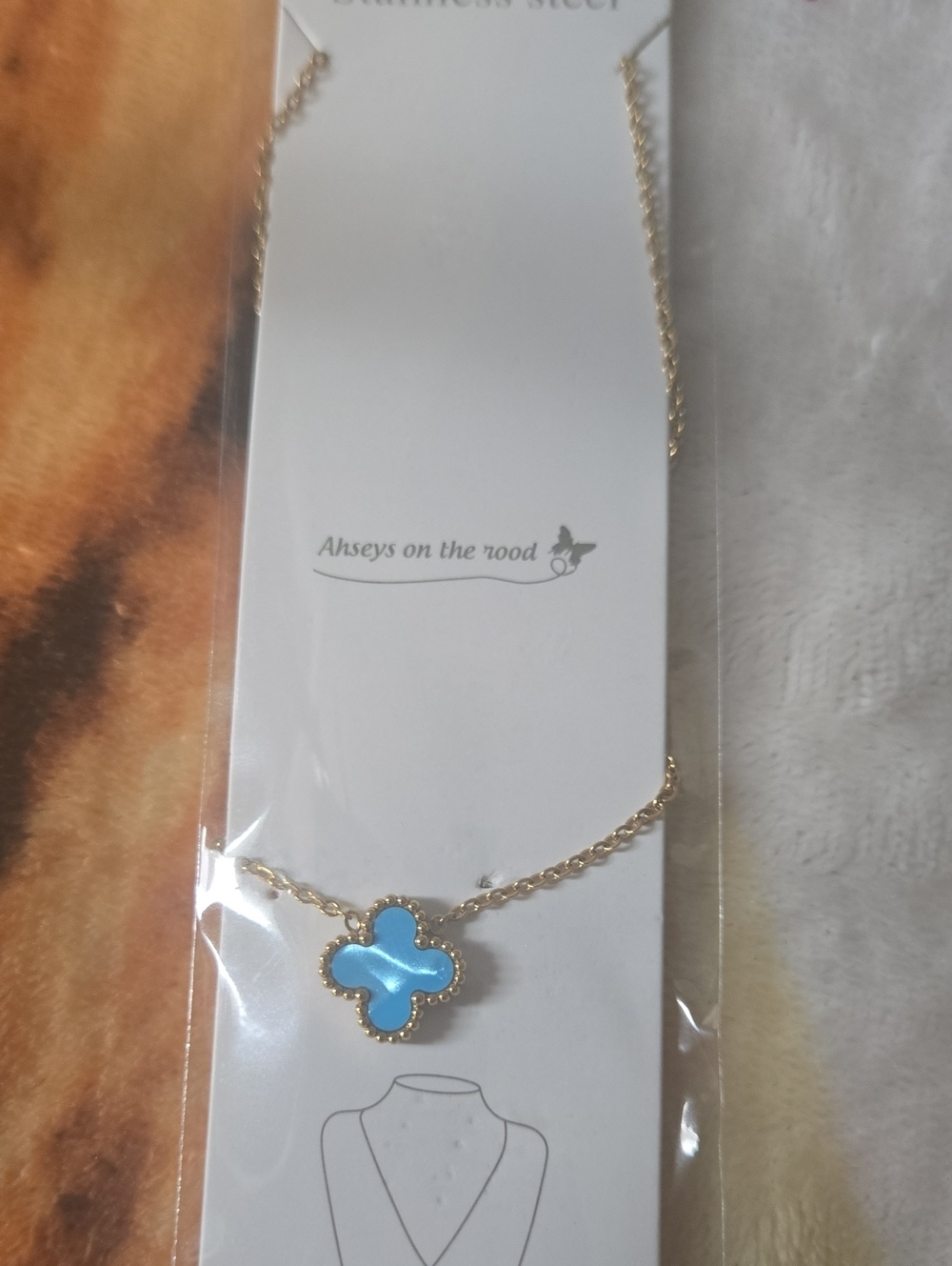 Gold Plated Stainless Steel Blue Clover Pendant Necklace